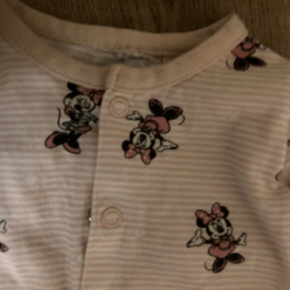 Disney Minnie Mouse Romper Estimated Size 0-3 Months Pink and White Striped Snap - Picture 2 of 3